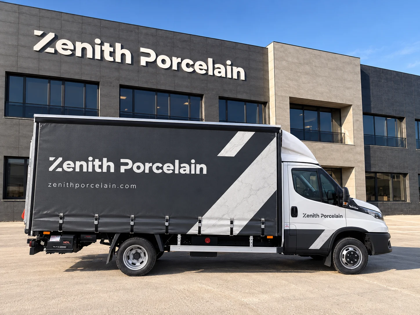 Zenith Porcelain markalı servis aracı ile montaj ve sevkiyat organizasyonunu temsil eden görsel
